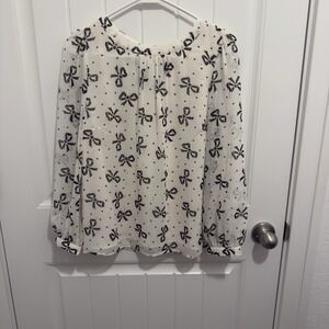 Talbots Petite Women's White Blouse Black Bows Silver Accent Sheer Sleeve MP